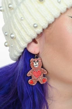 My Violet New Arrivals Bear Hug Glitter Earrings - Red