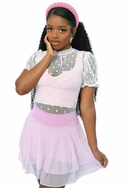 My Violet MV Originals Short Sleeve Sheer Frills Blouse - White/Lavender